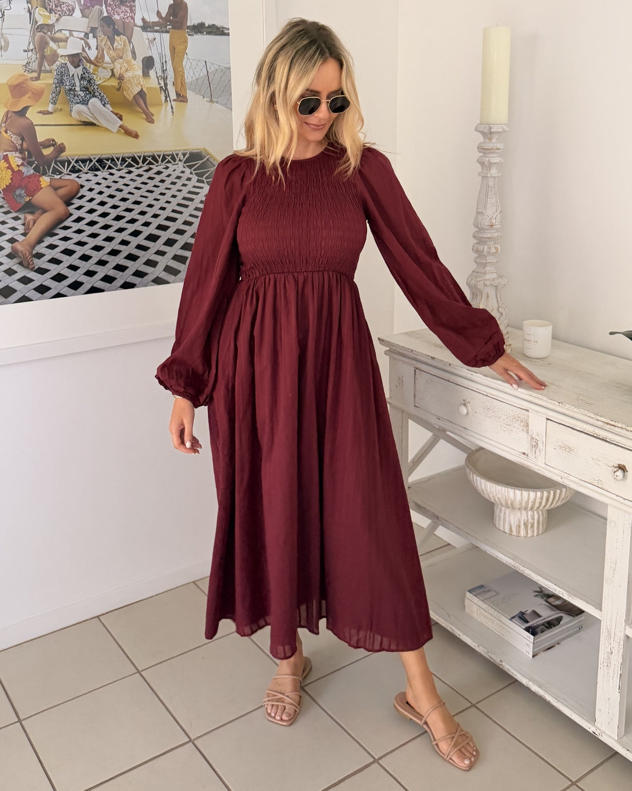 Iolana Dress - Wine Long Sleeve | Women's Cotton Midi Dress
