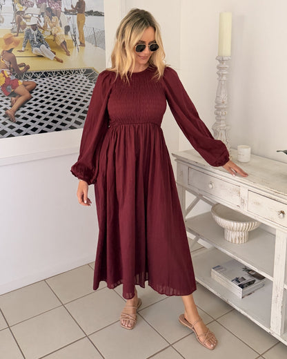 Iolana Dress - Wine Long Sleeve | Women's Cotton Midi Dress
