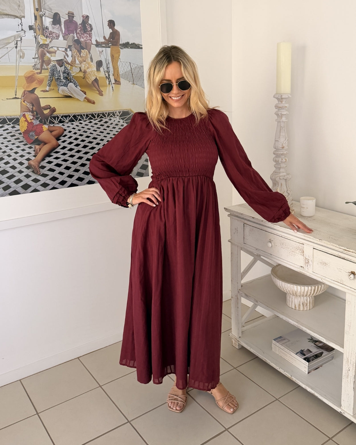 Iolana Dress - Wine Long Sleeve | Women's Cotton Midi Dress