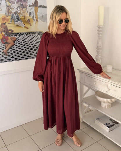 Iolana Dress - Wine Long Sleeve | Women's Cotton Midi Dress