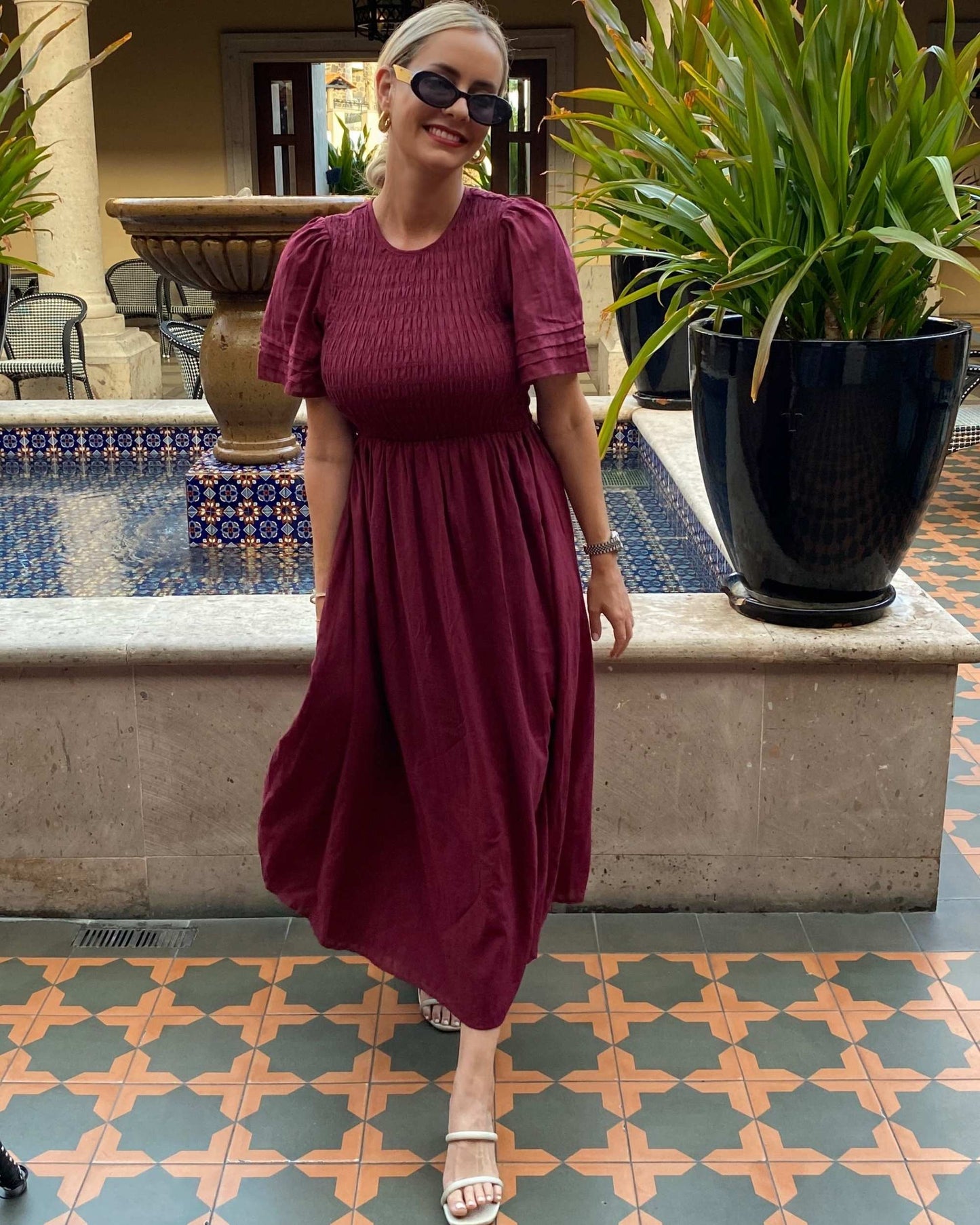 Iolana Dress Wine | Women's Cotton Smock Midi Dress