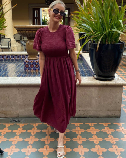 Iolana Dress Wine | Women's Cotton Smock Midi Dress