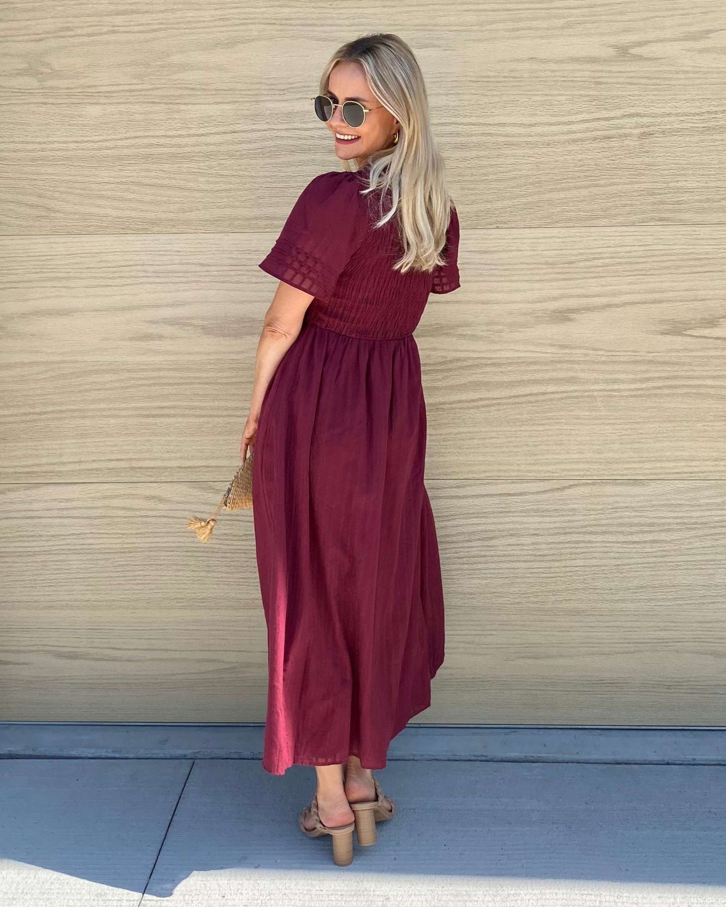 Iolana Dress Wine | Women's Cotton Smock Midi Dress