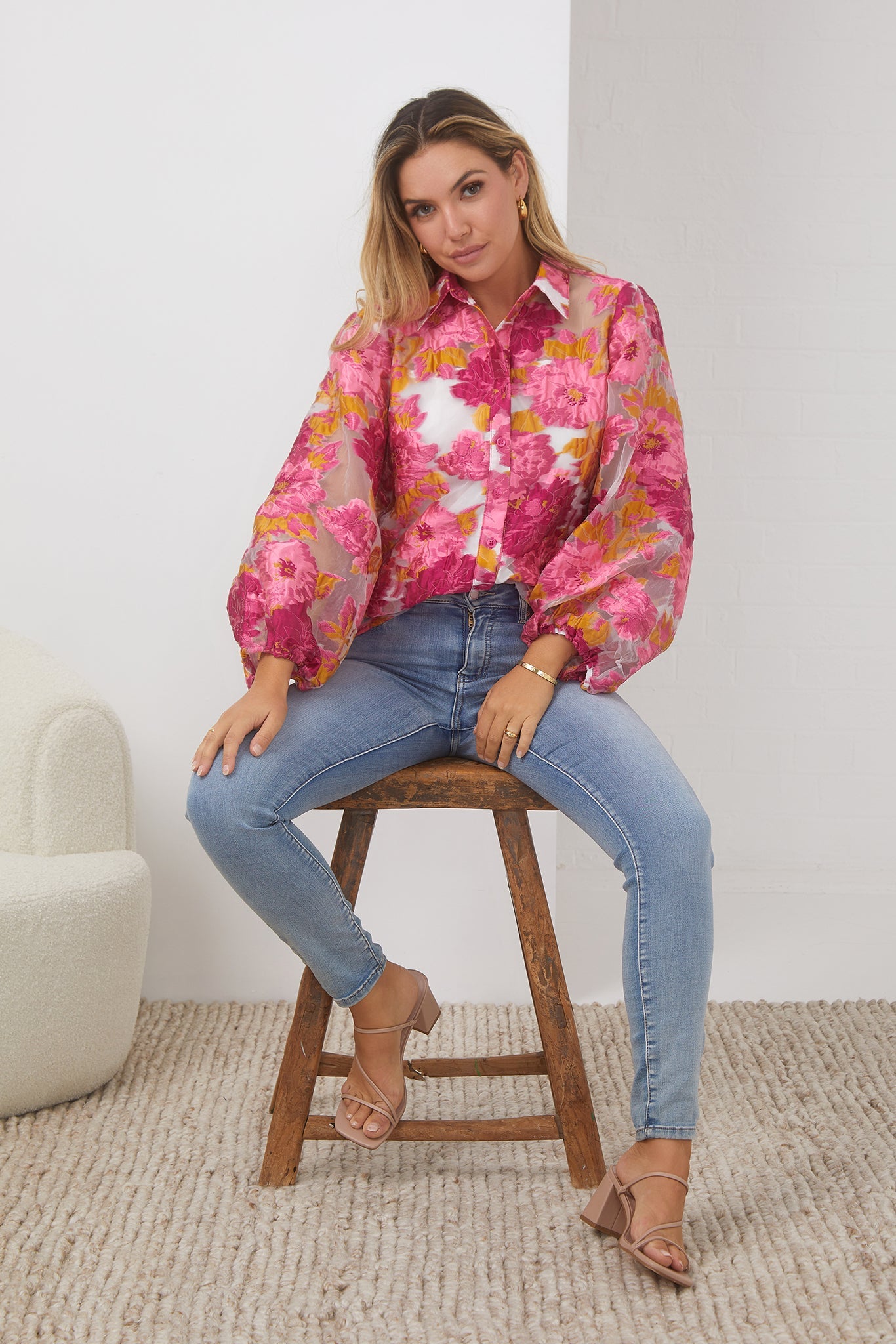 Janette Shirt - Pink and White Floral | Women's Floral Jacquard Blouse