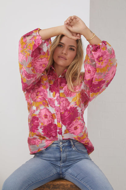 Janette Shirt - Pink and White Floral | Women's Floral Jacquard Blouse