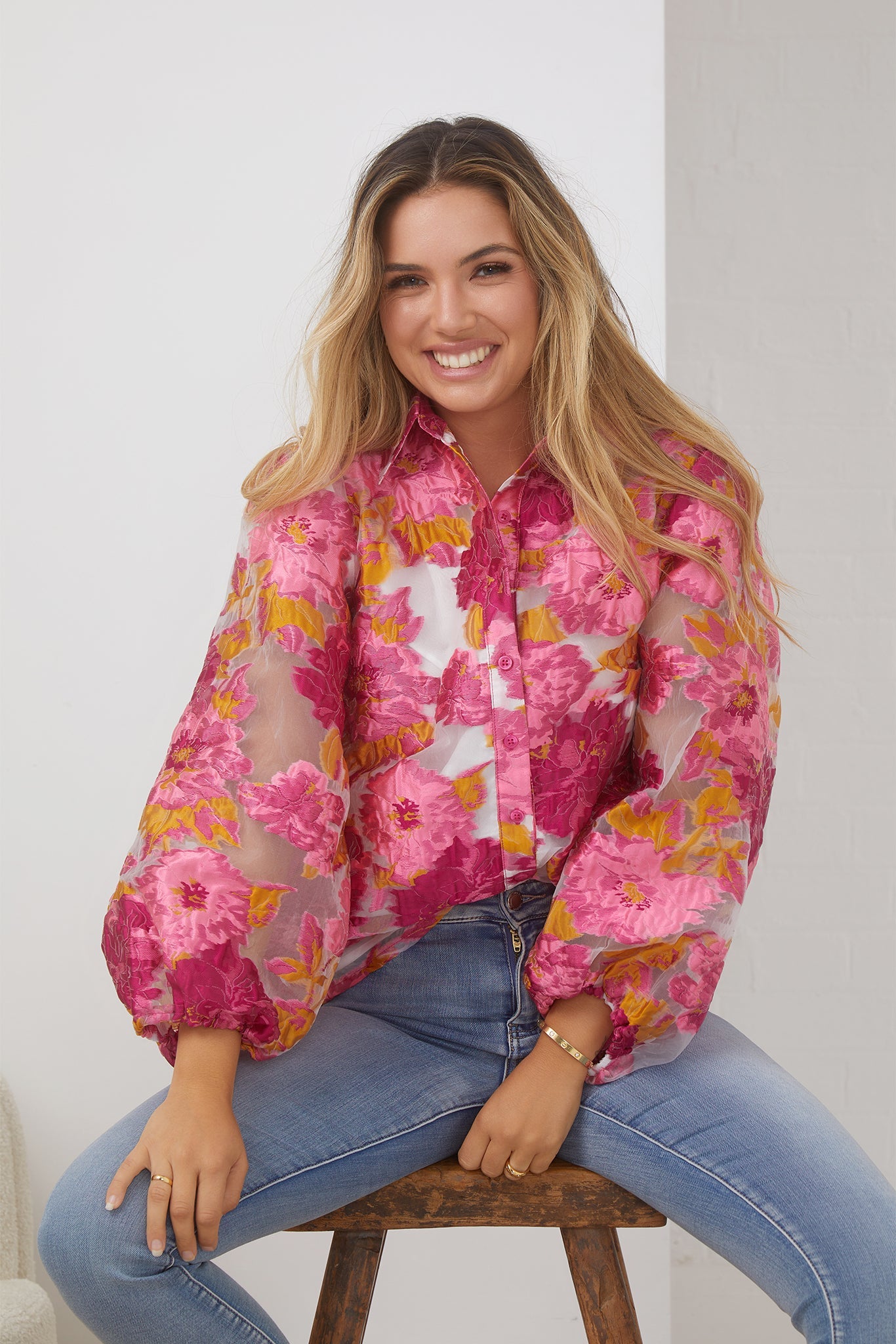 Janette Shirt - Pink and White Floral | Women's Floral Jacquard Blouse