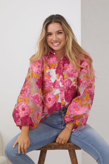 Janette Shirt - Pink and White Floral | Women's Floral Jacquard Blouse