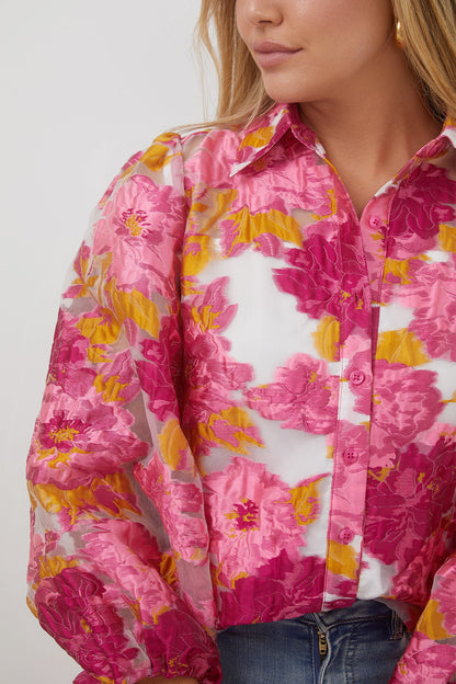 Janette Shirt - Pink and White Floral | Women's Floral Jacquard Blouse