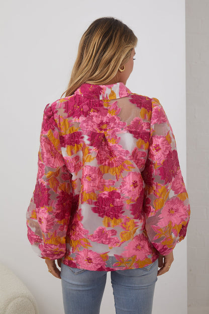 Janette Shirt - Pink and White Floral | Women's Floral Jacquard Blouse