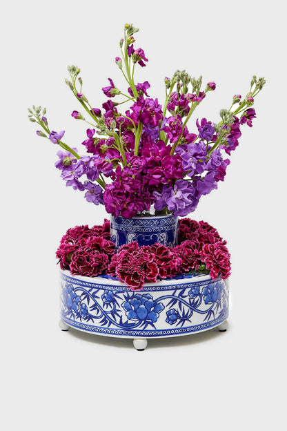 Blue and White 3 Piece Hand-Painted Floral Arranger
