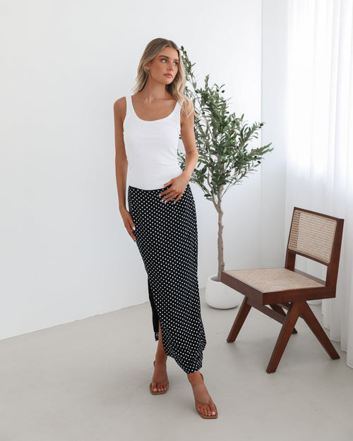 Jeannette Skirt - Black Spot | Women's Polka Dot Midi Skirt