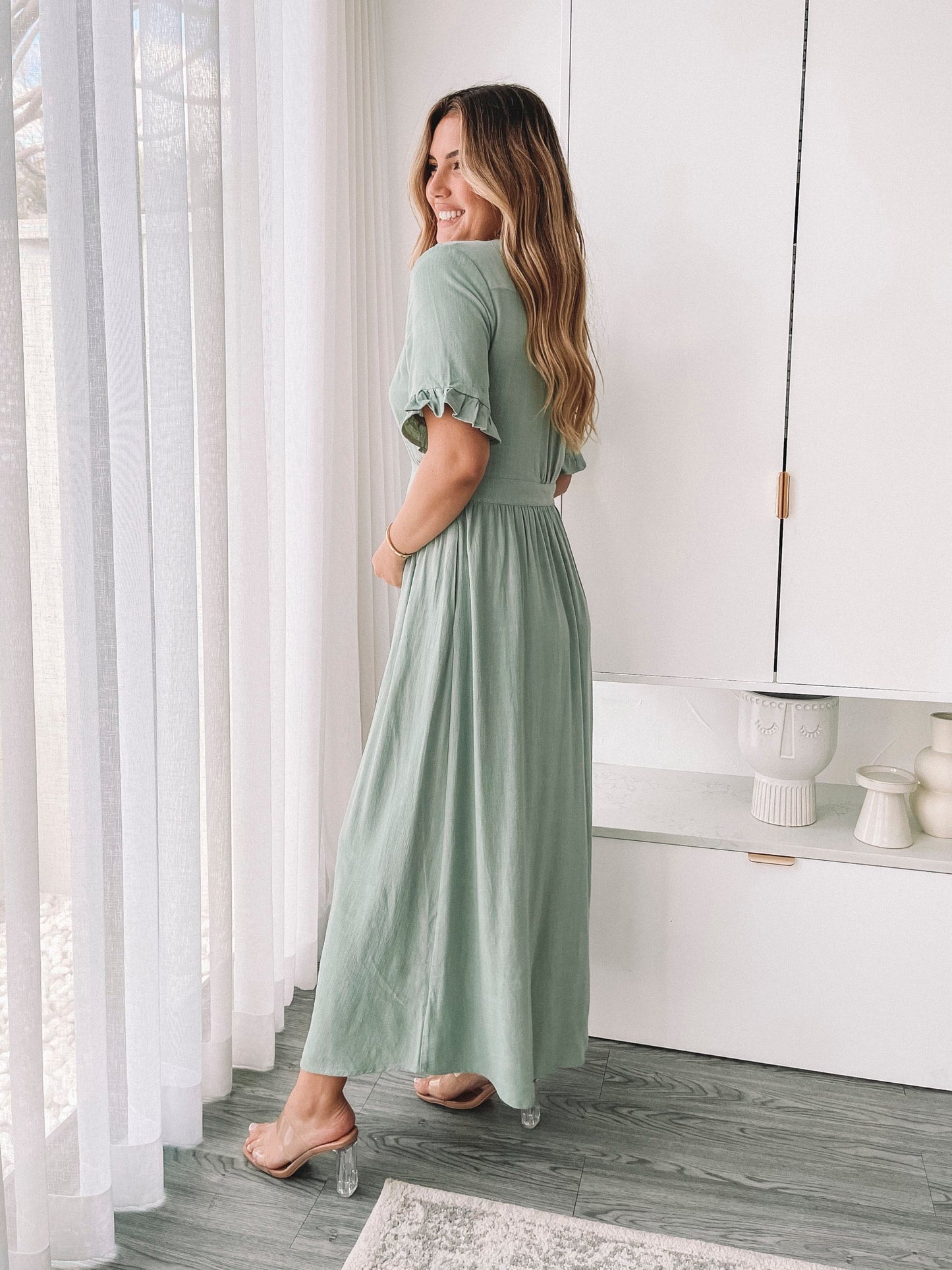 Korbela Dress - Sage | Women's Linen Midi Dress