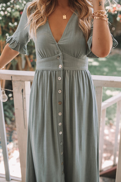 Korbela Dress - Sage | Women's Linen Midi Dress