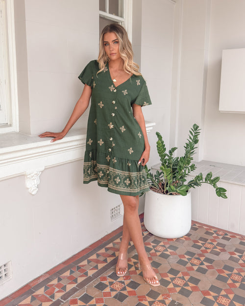 Kalea Khaki Print Dress | Women's Printed Midi Dress