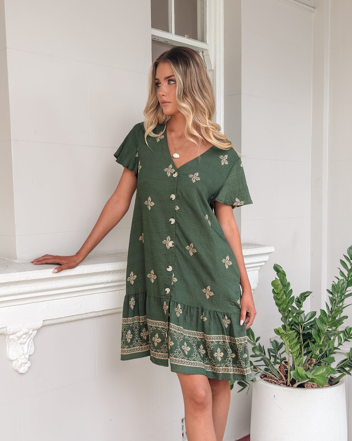 Kalea Khaki Print Dress | Women's Printed Midi Dress