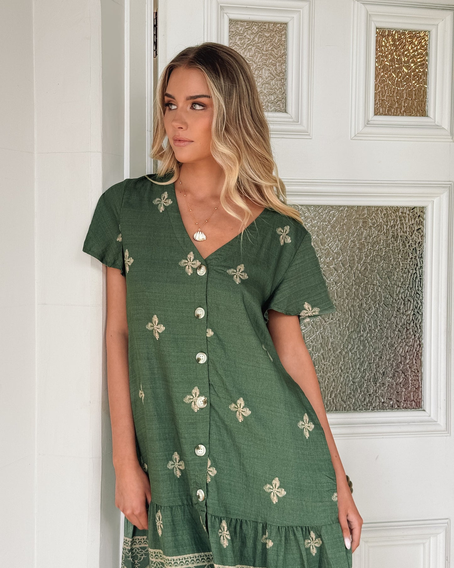 Kalea Khaki Print Dress | Women's Printed Midi Dress