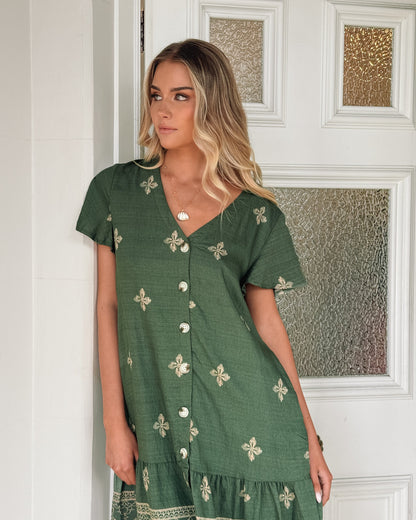 Kalea Khaki Print Dress | Women's Printed Midi Dress