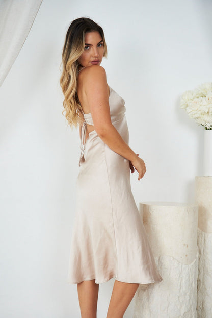 Keke Champagne Dress | Women's Satin Slip Midi Dress