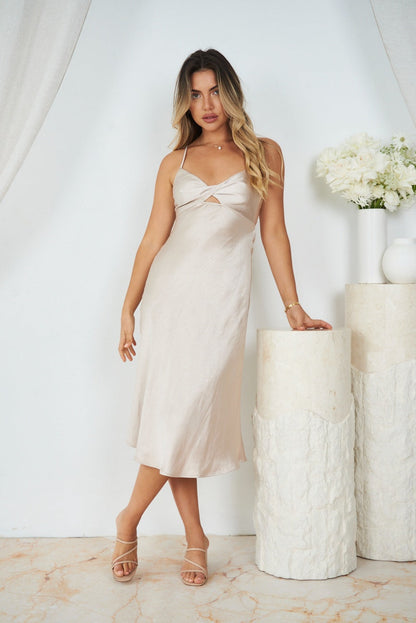 Keke Champagne Dress | Women's Satin Slip Midi Dress