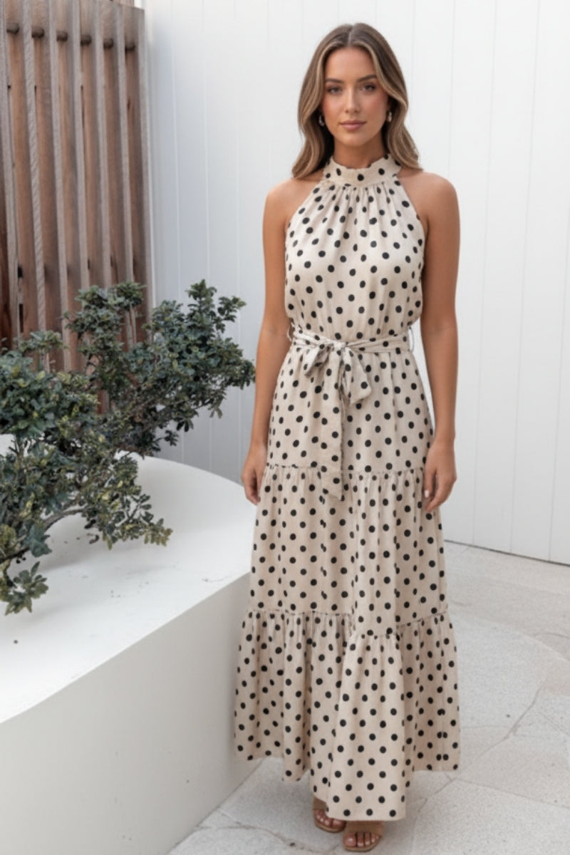 Kiva Dress Beige Spot | Women's Polka Dot Halter Tiered Maxi Dress