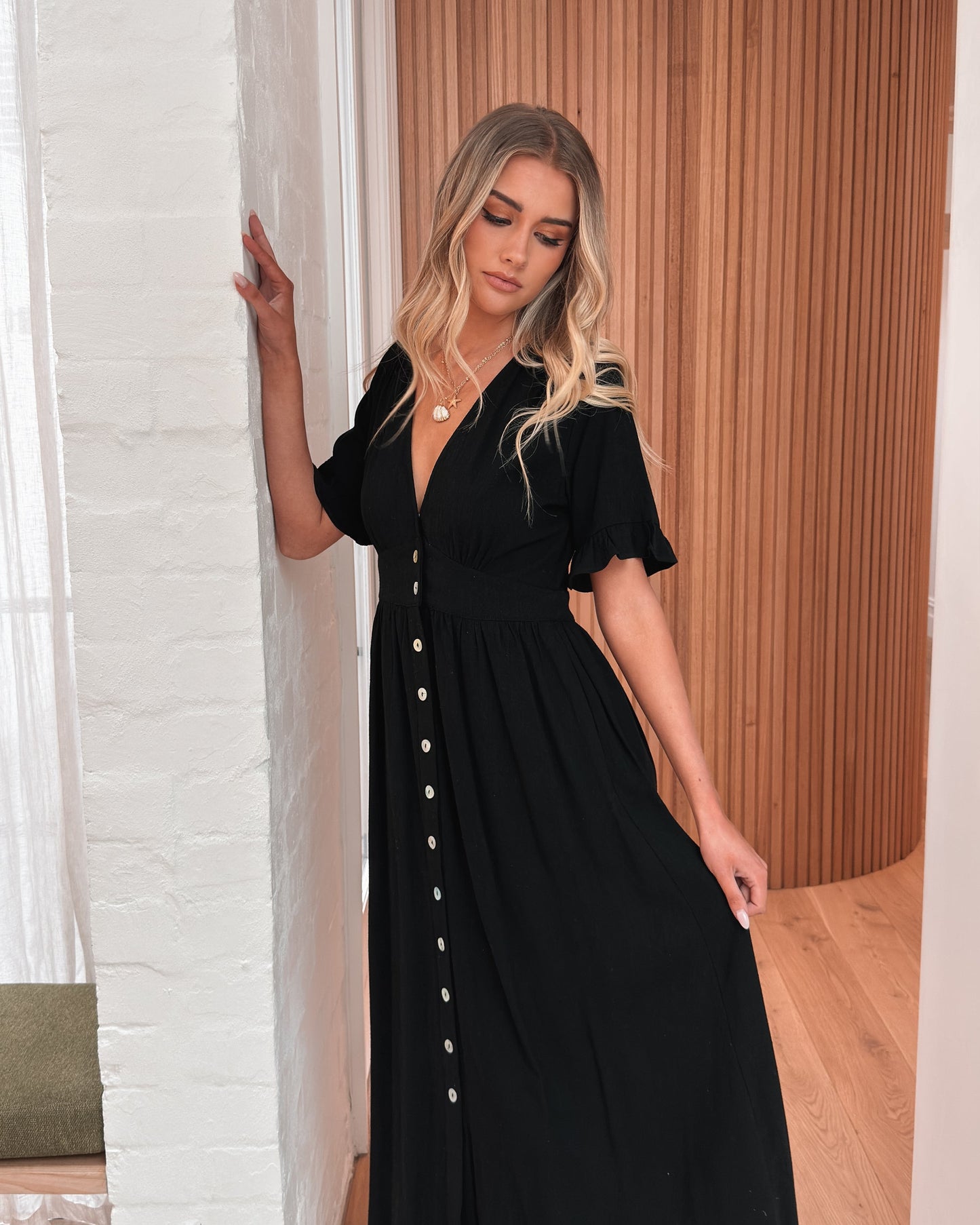 Korbela Dress - Black | Women's Linen Midi Dress