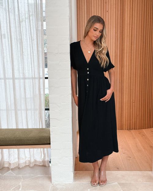 Korbela Dress - Black | Women's Linen Midi Dress