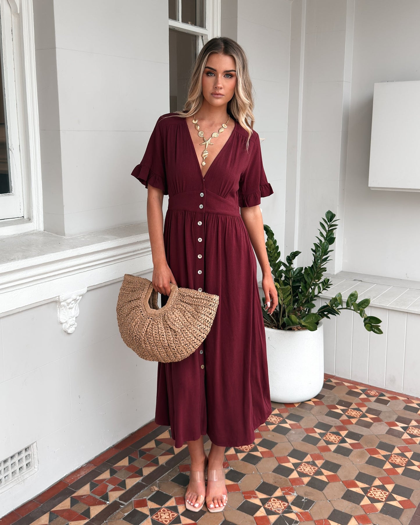 Korbela Dress Bordeaux | Women's Linen Midi Dress