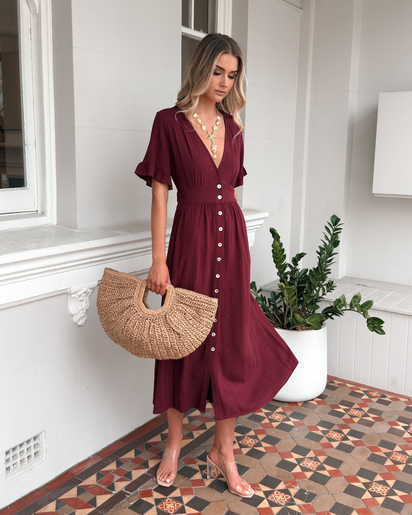 Korbela Dress Bordeaux | Women's Linen Midi Dress