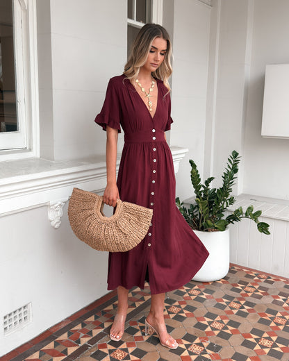 Korbela Dress Bordeaux | Women's Linen Midi Dress