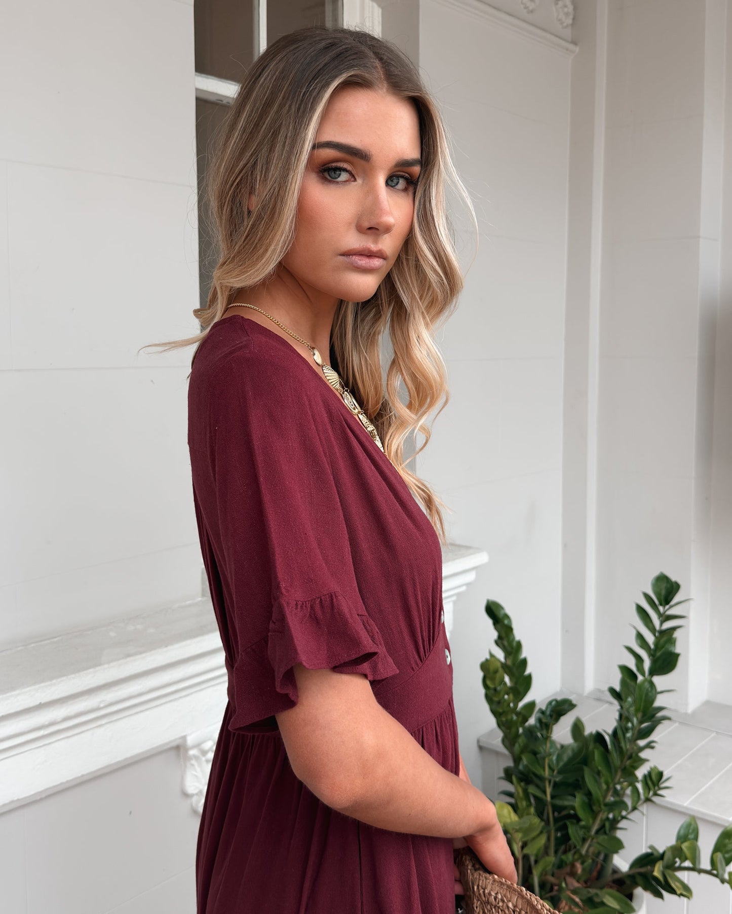 Korbela Dress Bordeaux | Women's Linen Midi Dress