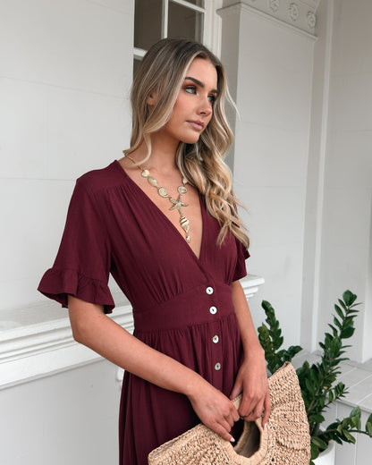 Korbela Dress Bordeaux | Women's Linen Midi Dress