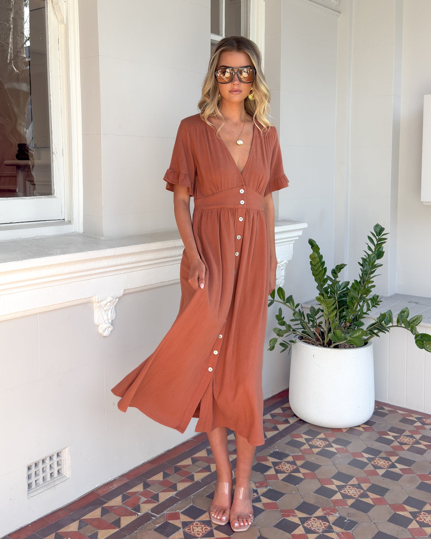 Korbela Dress Rust | Women's Linen Midi Dress