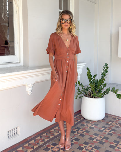 Korbela Dress Rust | Women's Linen Midi Dress