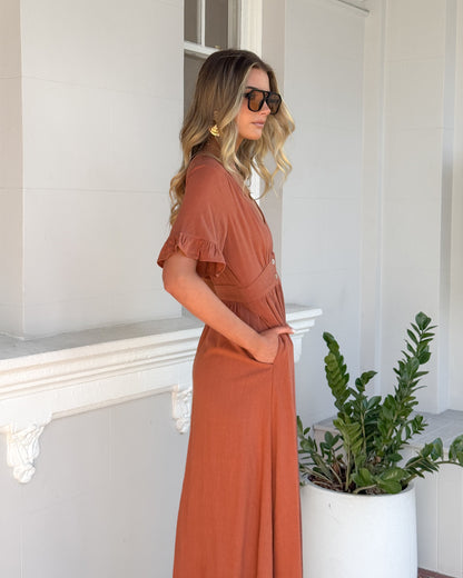 Korbela Dress Rust | Women's Linen Midi Dress