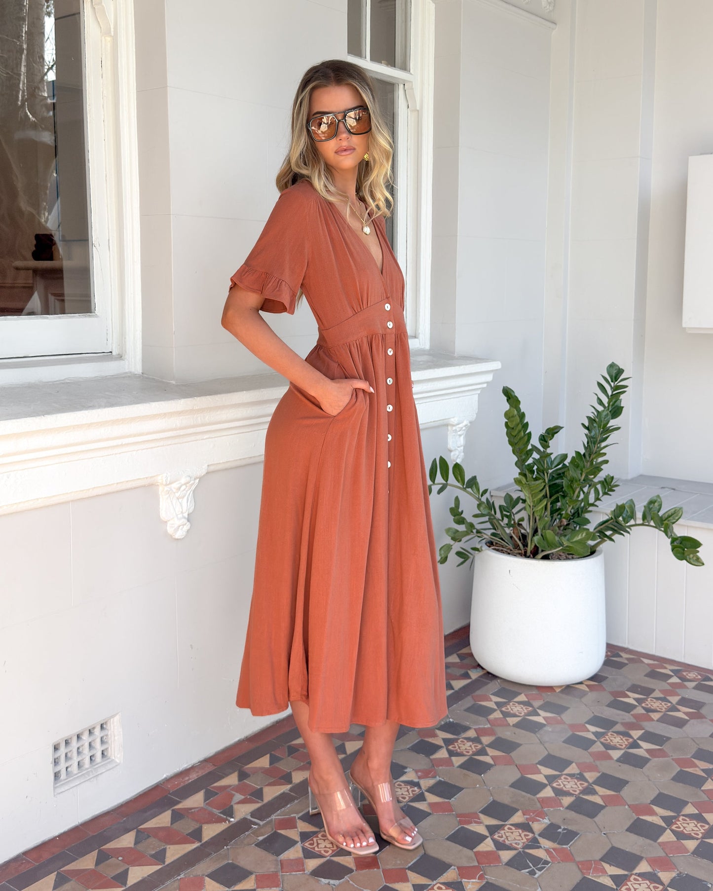 Korbela Dress Rust | Women's Linen Midi Dress