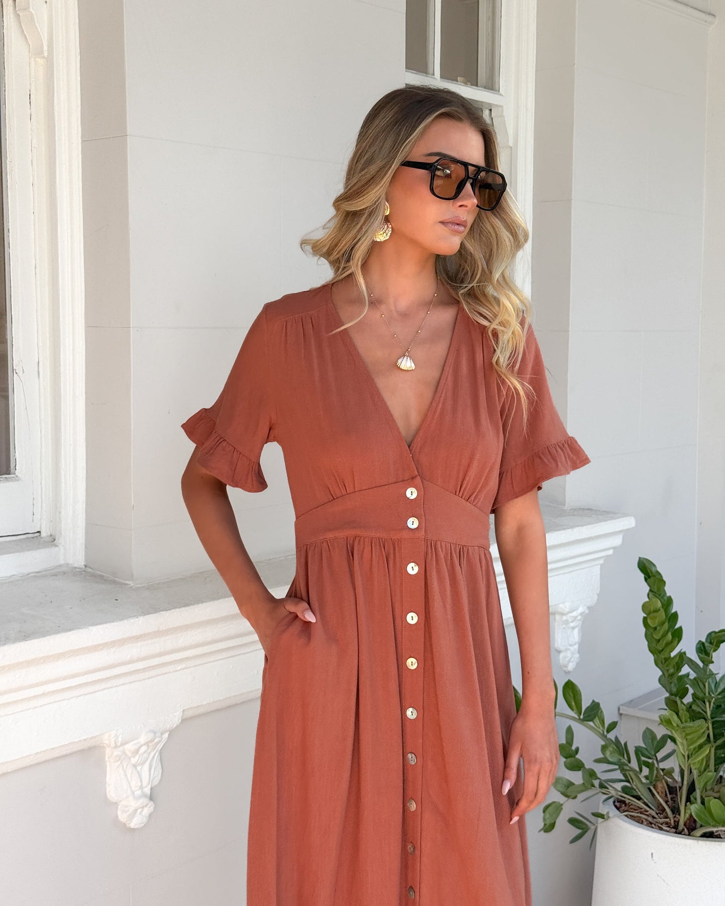 Korbela Dress Rust | Women's Linen Midi Dress