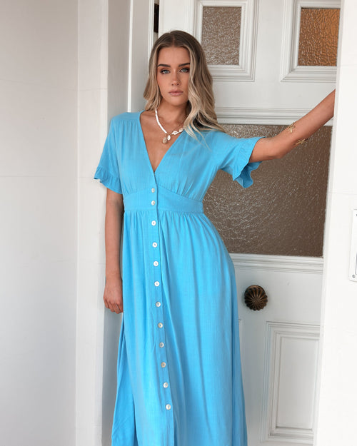 Korbela Dress Sky Blue | Women's Linen Midi Dress