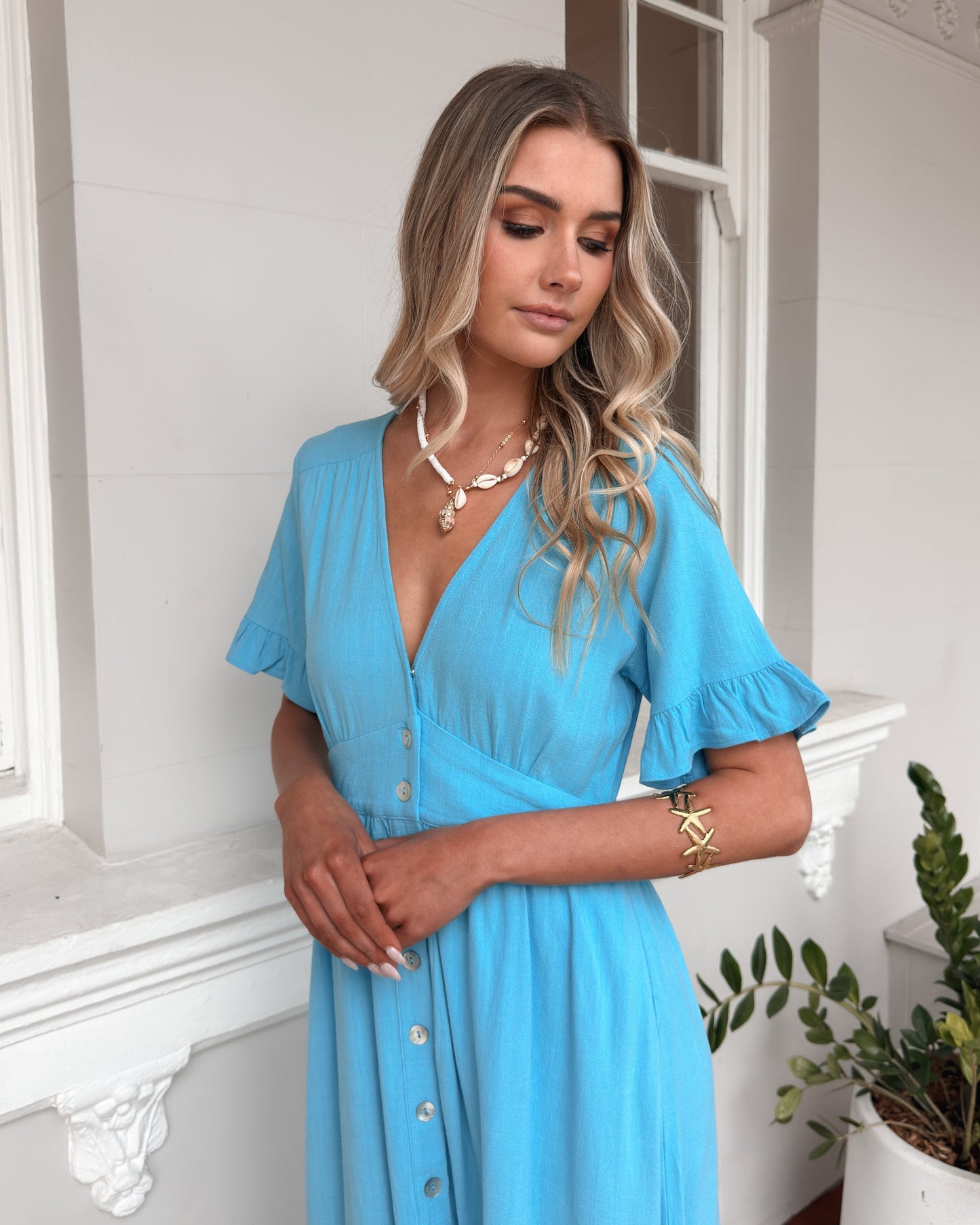 Korbela Dress Sky Blue | Women's Linen Midi Dress