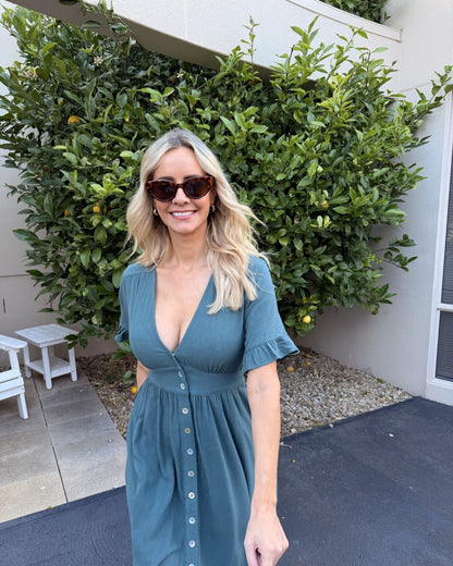 Korbela Dress Deep Green | Women's Linen Midi Dress