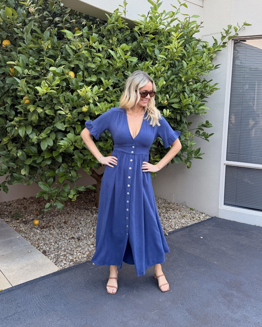 Korbela Dress Navy | Women's Linen Spot Print Midi Dress