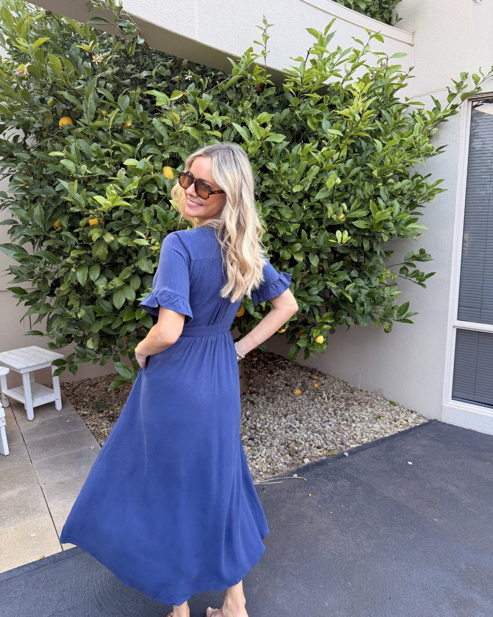 Korbela Dress Navy | Women's Linen Spot Print Midi Dress