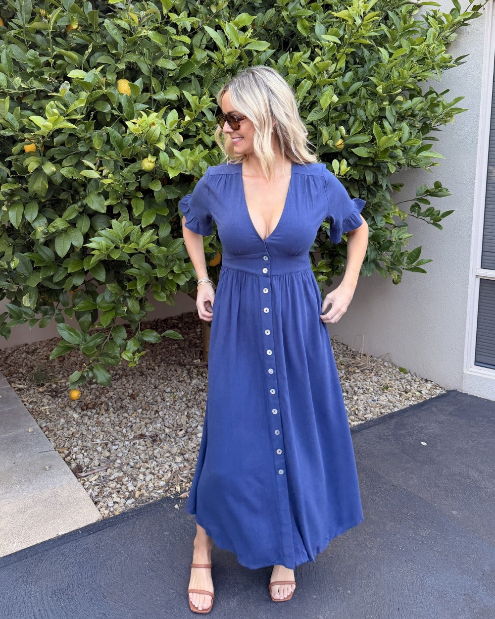 Korbela Dress Navy | Women's Linen Spot Print Midi Dress