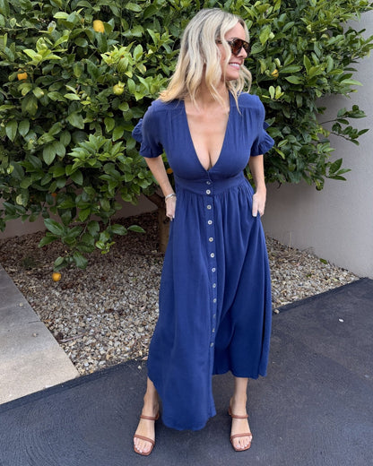 Korbela Dress Navy | Women's Linen Spot Print Midi Dress