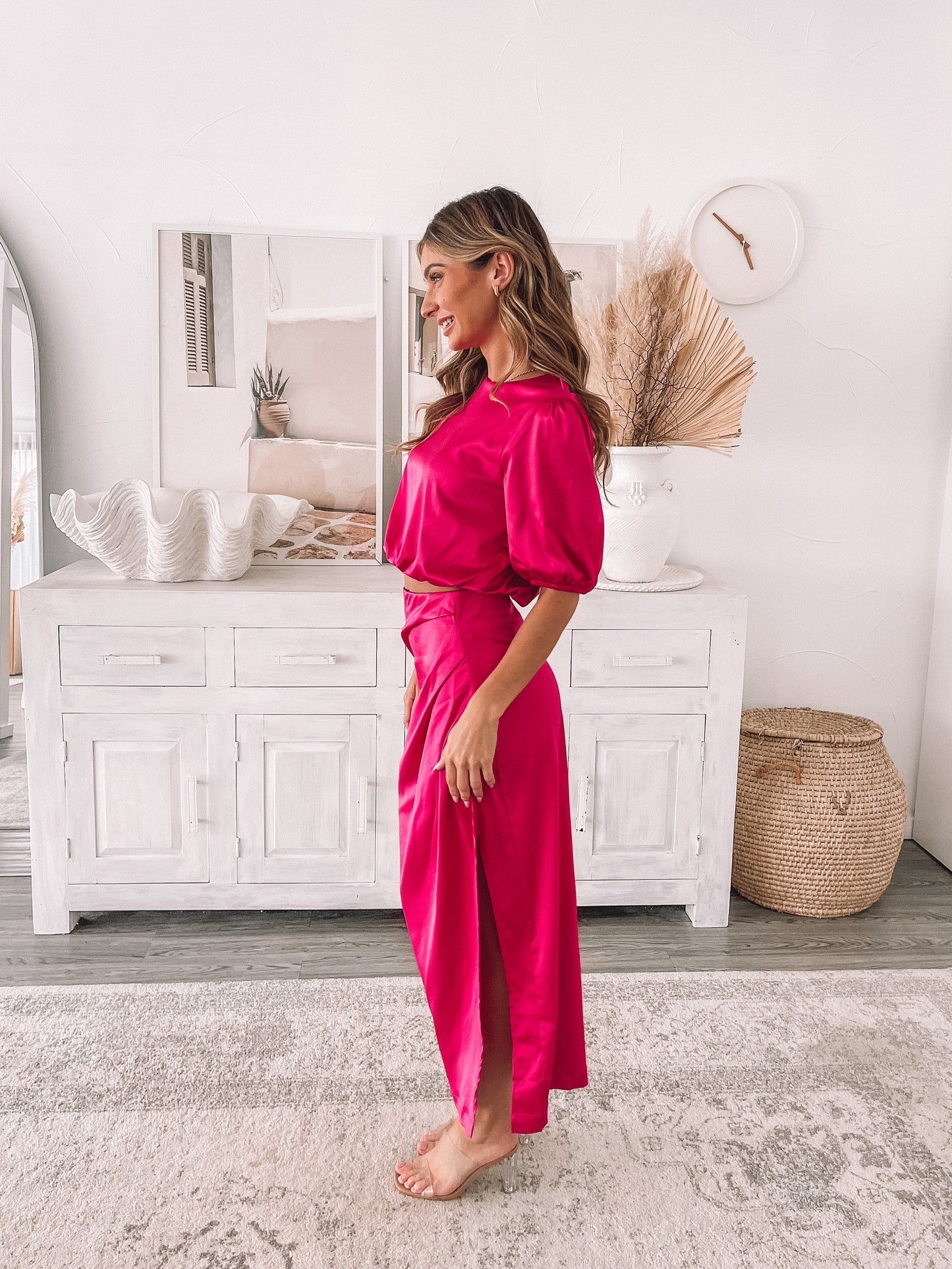 Krissa Hot Pink Skirt | Women's Satin Midi Skirt