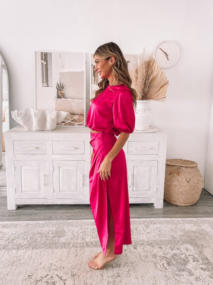 Krissa Hot Pink Skirt | Women's Satin Midi Skirt