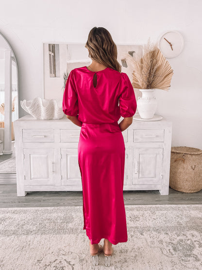 Krissa Hot Pink Skirt | Women's Satin Midi Skirt