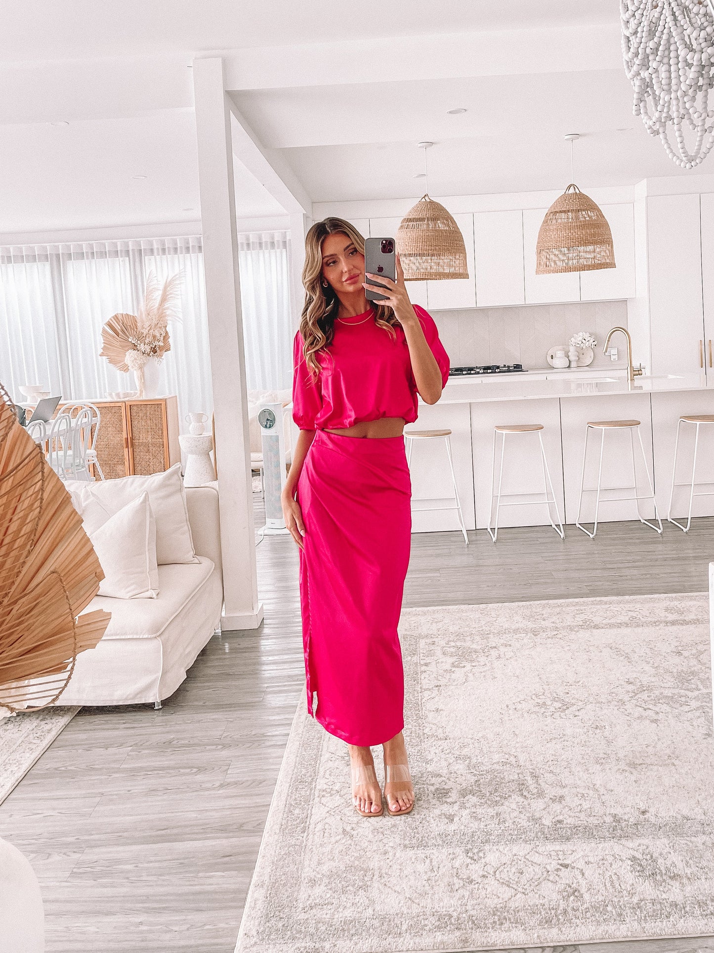 Krissa Hot Pink Skirt | Women's Satin Midi Skirt
