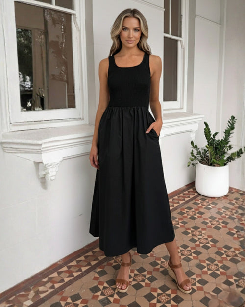 Kyline Black Dress | Women's Shirred Midi Dress