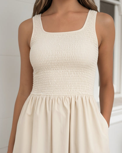 Kyline Cream Dress | Women's Shirred Midi Dress