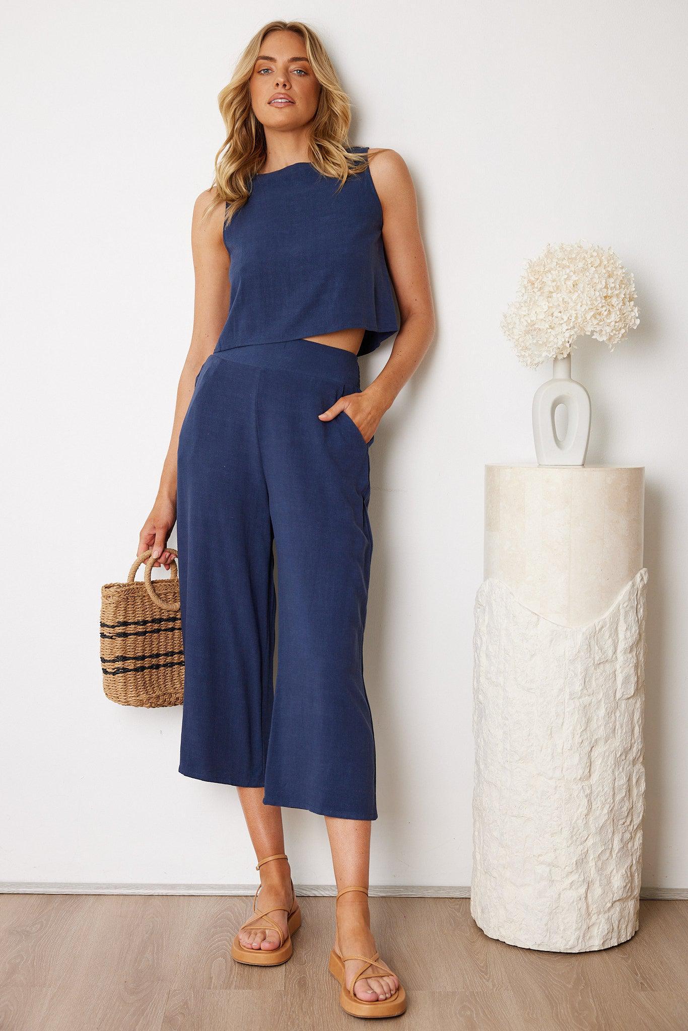 Lighthouse Navy Pants | Women's Linen Blend Wide Leg Pants